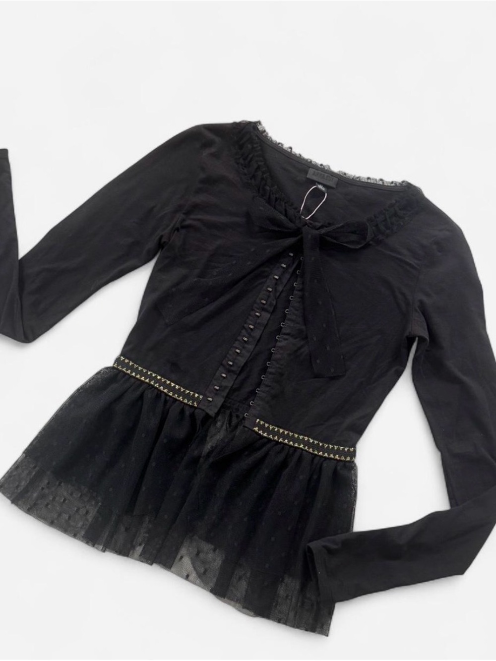 Anna Sui Black Lace-Trim Peplum Long Sleeve Top